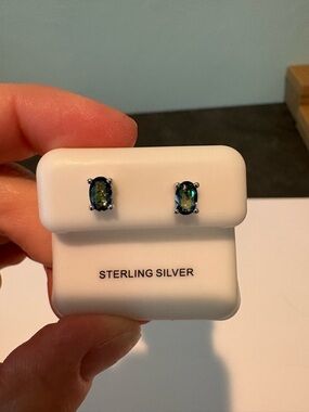 Sterling Silver Mystic Topaz Oval Stud Earrings - Green Blue